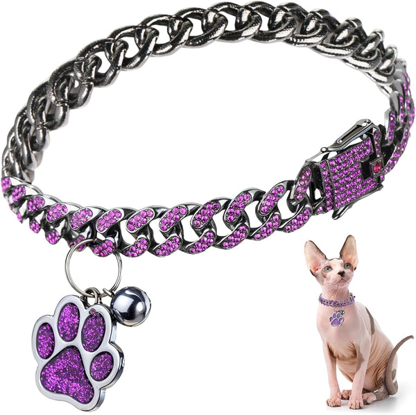 Hillban Cat Collar Diamond Chain Glitter Necklace with Secure Buckle and Paw Charm for Small Cats (Steel Black, Purple,