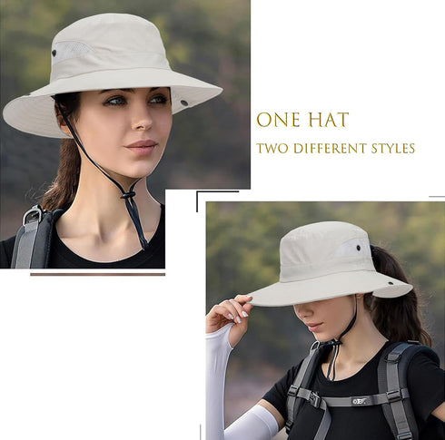 Women's Packable Summer Sun Hat, Wide Brim Outdoor UV Protection Bucket Hat with Ponytail Hole