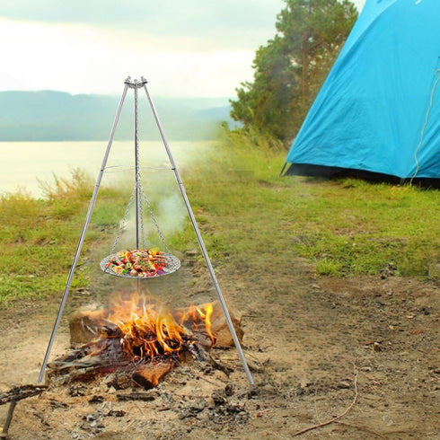 YBTMG Camp Fire Tripod for Cooking, Stainless Steel Camping Fire Grill with Adjustable Chain for BBQ