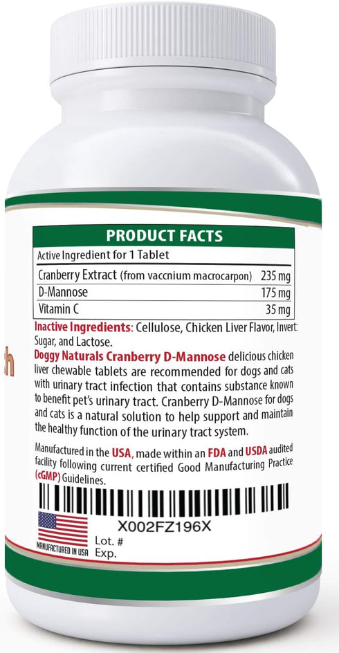 Cranberry D-Mannose for Dogs and Cats - Urinary Tract Infection Support, Double Strength Tablet, 60 Count