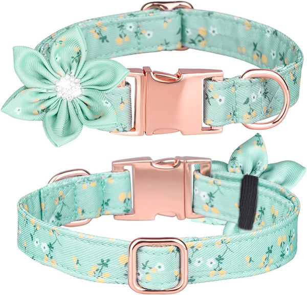 Dog Collar, Girl Dog Collar with Floral Pattern, Cute Collar with Detachable Rhinestone Flower for Female Dogs Small