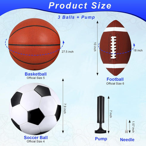 Libima 3 Pcs Soccer Sports Ball Set: Size 5 Basketball, Size 4 Soccer, Size 6 Football with Pump & Carry Bag
