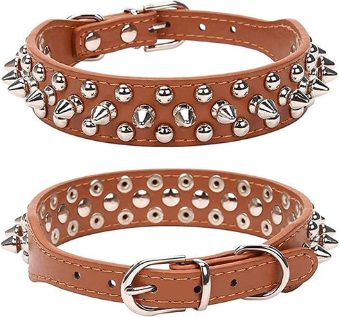 Adjustable Spiked Soft Leather Dog Cat Collar for Female Male, Brown, Anti Bite Studded for Small Dogs (Brown, XS)