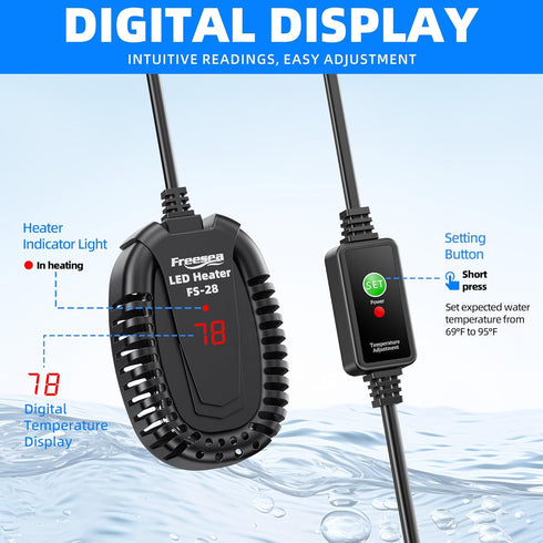 FREESEA Aquarium Fish Tank Heater, 50W Submersible Turtle Heater with Adjustable Temperature Controller