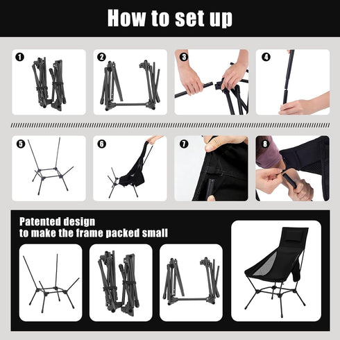 2-in-1 Backpacking High Back Folding Camping Chair with Pillow, Lightweight Portable Chair for Adults, Height