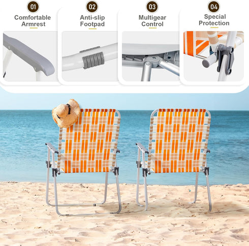 UDeuxff Set 2, 260 LBS Folding Webbed Oversized Lawn Chairs of High Beach Chair for Adults Heavy Duty, Portable Patio
