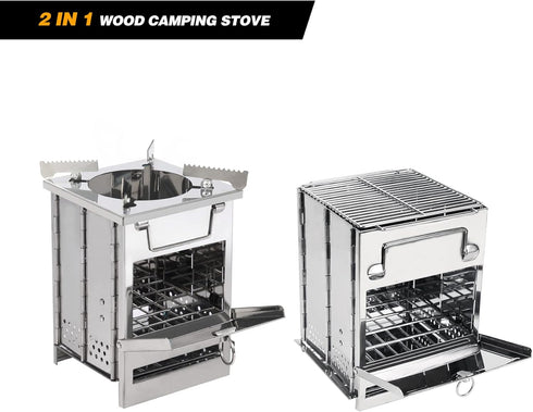 REDCAMP Folding Wood Burning Camping Stove with Pot Stand, Large Portable Stainless Steel 304# Grill for Backpacking