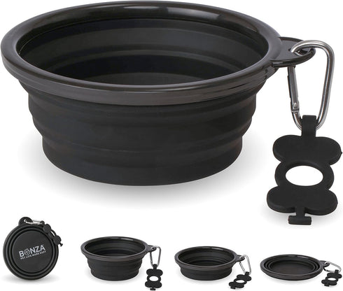 Large Collapsible Dog Bowl 1000 mL, Sturdy Reinforced Rim, Includes Carabiner & Water Bottle Holder Keychain, Black