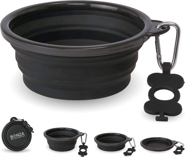 Large Collapsible Dog Bowl 1000 mL, Sturdy Reinforced Rim, Includes Carabiner & Water Bottle Holder Keychain, Black