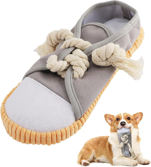 vocheer Dog Chew Toy | Durable Teething Shoe Interactive Squeaky Puppy Toy, Small Medium Breeds, Machine Washable (Grey)