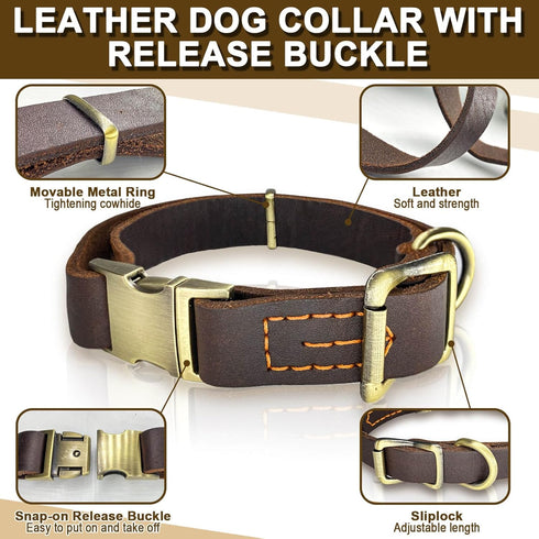 Leather Dog Collar with Metal Quick Release Buckle, Soft Genuine Cowhide, Adjustable for Small Medium Large Dogs (L,