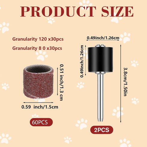 Wanmu 62Pcs Set (80#/120#) Pet Nail Grinder Replacement Kit with Grit Sanding Bands, Dog Grinding Drums Nail Smoother