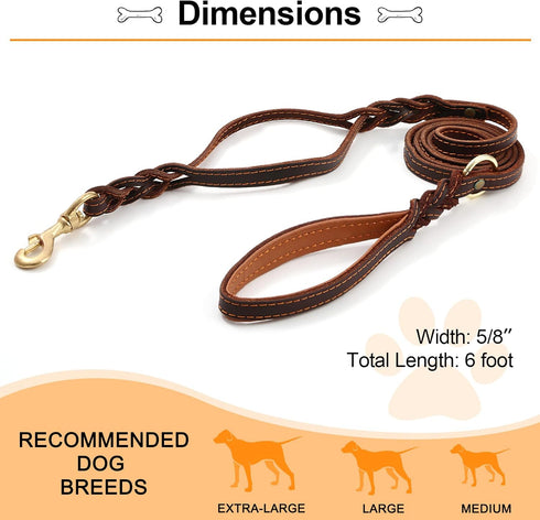 Guiding Star 6ft Double Handle Leather Dog Leash, Heavy Duty Braided for Small Medium & Large Dogs, Brown