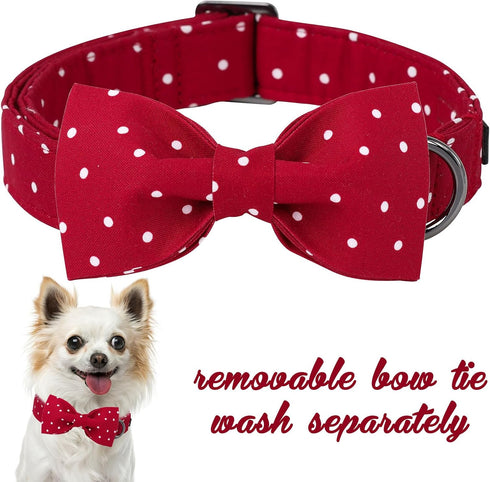 Unique Style Paws Cotton Dog Collar with Bow, Red White Round Dot for Small Medium Large Boys Girls