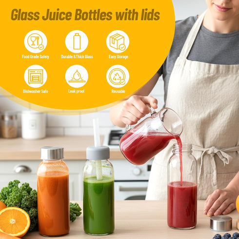 10oz, 8 Pack Luxfuel Glass Juice Bottles with Lids Reusable Glass Water Bottle with Stainless Steel Caps & Straws, Leak