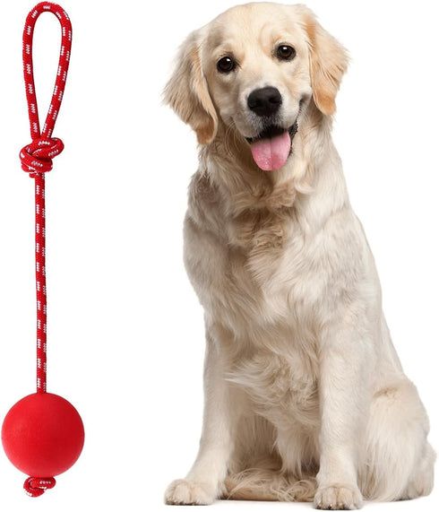 UEETEK Red Dog Training Ball on Rope: 2.95 Inch Diameter Rubber Toy for Puppy Fetch Catch Throw Training