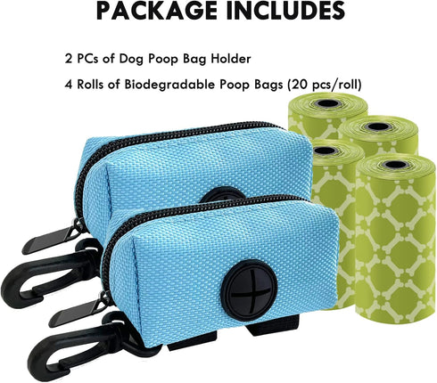 (2 Pack) 80 Dog Poop Bag Holder for Leash Attachment with Bags- Waterproof Dispenser with Carabiner, Hands-Free Design