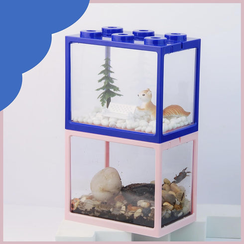Small Sea Monkey Tank, Stackable Mini Betta Fish Tank Kit with Gravel, Moss Ball, 0.27 Gallon Acrylic Cube Fish Bowl