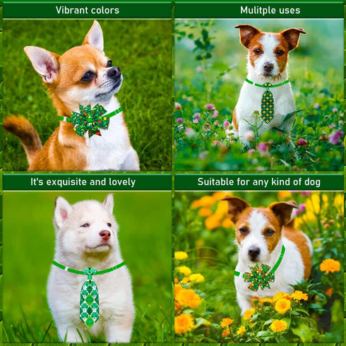 32pcs St. Patrick's Day Dog Collar Bows Ties, Bulk Clover Lucky Pattern Dog Grooming Bowties and Neckties, Adjustable Holiday Green Basic Dog Collars for Pet Small Dog Cat Accessories
