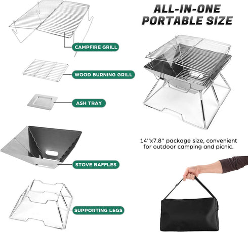 Odoland Folding Campfire Grill - 304 Stainless Steel Grate Barbeque Grill for Picnics and Outdoor Cooking