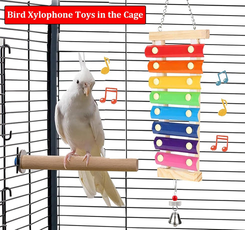 HZAKXIN Large Parrot Suspensible Xylophone Toy, Multicolored Natural Wooden Bird Chewing Toys with Grinding Stone