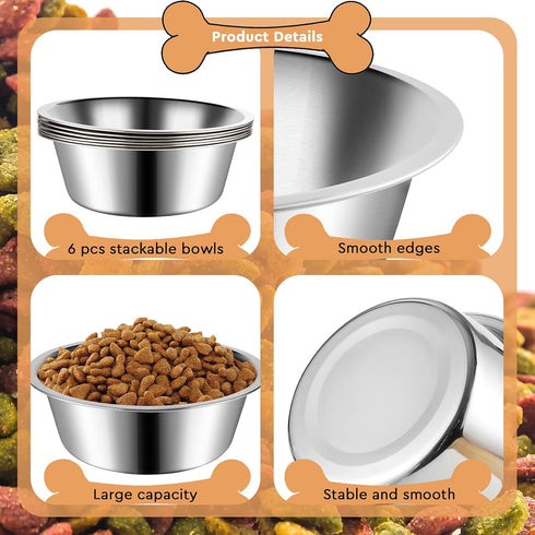6 Pack Stainless Steel Dog Bowls - Metal Water Bowls, 6.9" Basic Pet Food Bowl for Large, Medium, Small Dogs, 30oz