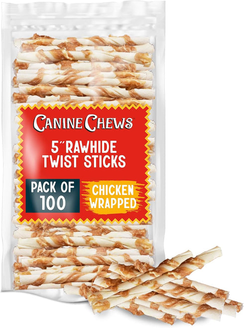 Canine Chews Chicken-Wrapped Rawhide Twists for Dogs - Pack of 100 U.S.A.