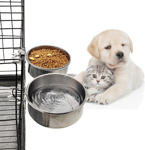 Hamiledyi 2 Pcs Dog Crate Bowl, Stainless Steel Durable Spill-Proof Hanging Water/Food Bowls for Medium Dogs