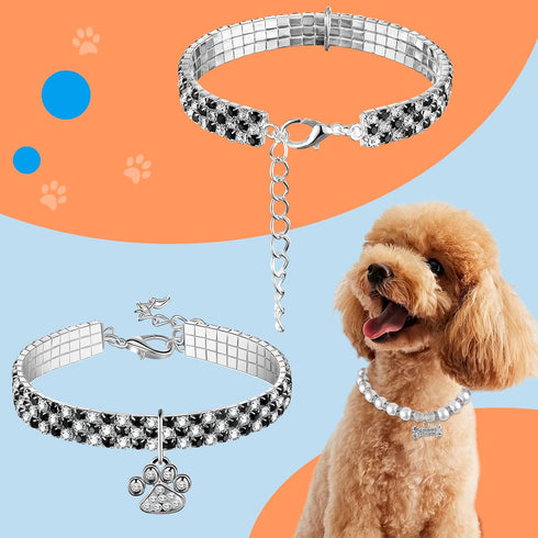 4 Pcs Pearl Dog Collar Necklaces, Rhinestones Adjustable Set for Small Dogs & Cats, Crystal Pet Jewelry