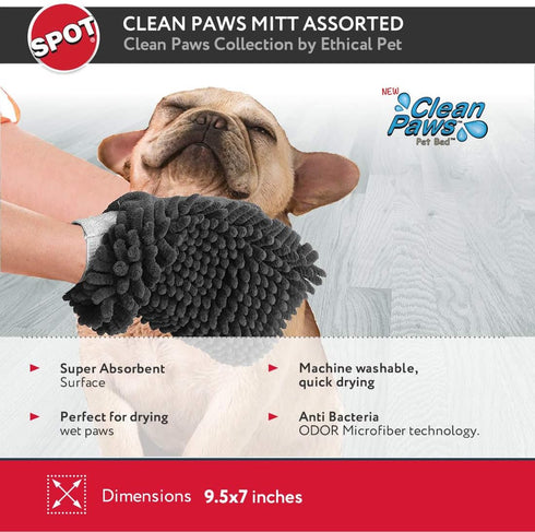 SPOT Clean Paws Chenille Microfiber Dog Towel Mitt - Super Absorbent, Quick-Drying, Washable, 9.5in x 7in, Odor-Free