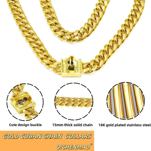 Heavy Duty Cuban Link Chain Dog Collars 15MM Gold/Silver Stainless Steel Metal Walking Training Collars with Cute Secure Design Buckle, Chew Proof, for Large Medium Small Dogs (Gold, 12'')