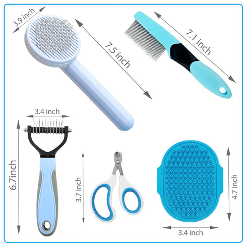 5pcs Grooming Brush Kit - for Shedding & Matted Fur, Self-Cleaning with Flea Comb for Indoor Long-Haired Cats, Blue