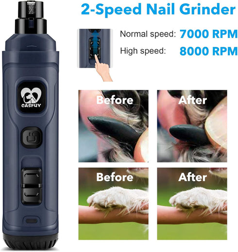 Casfuy Dog Nail Grinder with 2 LED Light - New Version 2-Speed Powerful Electric Pet Nail Trimmer, Professional Quiet