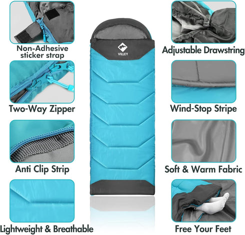 VILLEY Camping Sleeping Bag for Adults, Boys and Girls, Lightweight Compact Backpacking for Outdoor, Traveling, Hiking