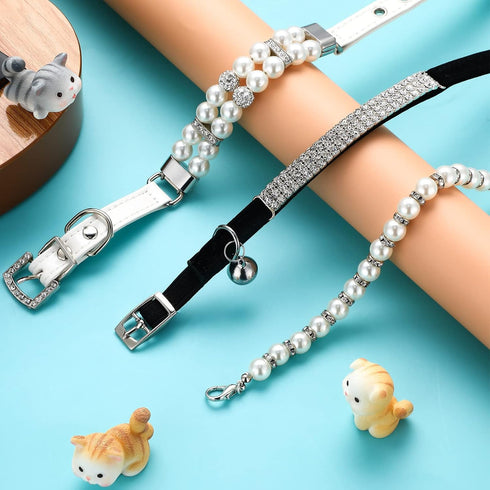 3 Pieces Rhinestones Dog Collar Set, Adjustable Artificial Pearl Dog Collar, White Bling Diamante Cat Necklace with Bell