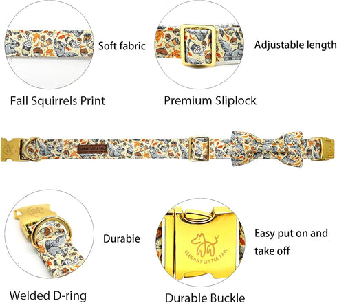 Elegant Little Tail Fall Dog Collar, Adjustable Squirrels Halloween Pet Bow Collar for X-Small Dogs