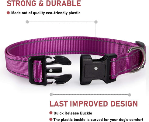 Reflective Dog Collar with Buckle, Adjustable Safety Nylon Collars for Small Medium Large Dogs, Purple S