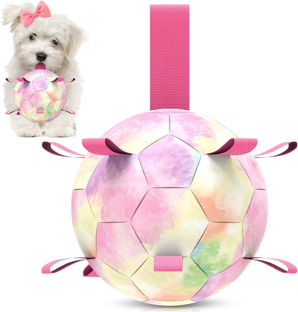 Dog Soccer Ball with Straps, 6 Inch Puppy Balls for Small Medium Dogs, Pool Toys, Birthday Gifts, Rainbow