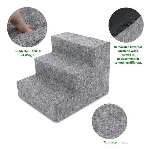 Best Pet Supplies Dog Stairs - Ash Gray Linen - 3-Step - Non-Slip Foam Pet Steps for Small Dogs & Cats