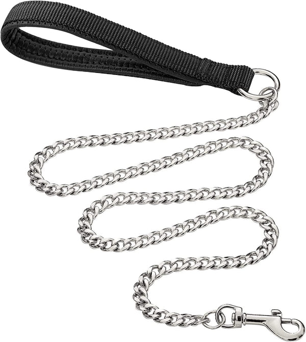 Heavy Duty Metal Dog Leash - 5FTx3mm Chew Proof Chain with Soft Padded Handle for Large & Medium Dogs