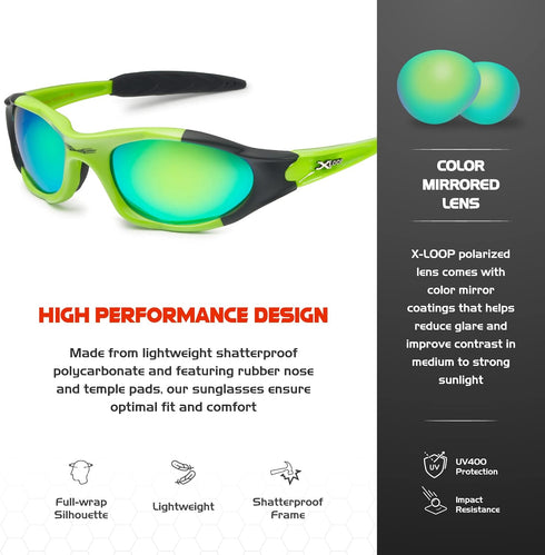 X LOOP Youth Sports Polarized Sunglasses for Boys, Kids, Teens Age 8-16, Baseball Wrap Around