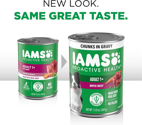 13 oz. (Pack 12) IAMS Proactive Health Wet Dog Food Adult, Canned Dog Food, Beef, Rice, Carrots & Green Beans Chunks