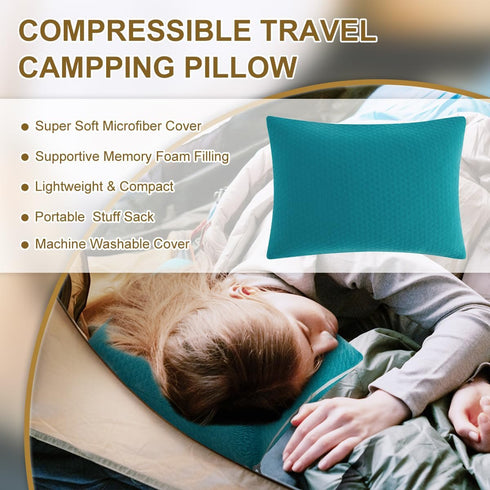 Ivellow Memory Foam Travel Pillow, Compressible Camping Pillow for Sleeping, Compact Firm Support for Outdoor