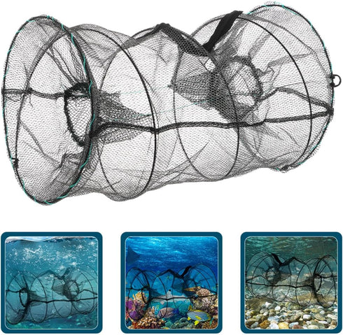 18x33cm Beaupretty Collapsible Shrimp Trap Fishing Bait Net Round Spring Cage Folded Cast Net Black Mesh for Crabs