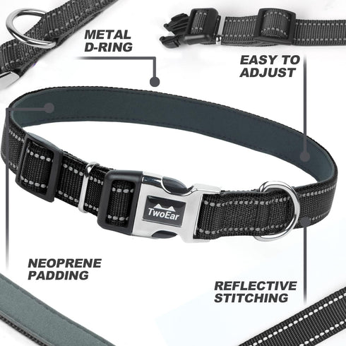 TwoEar Heavy Duty Dog Collar, Adjustable Reflective Nylon Pet Collar with Metal Buckle, Soft Neoprene Padded for Large