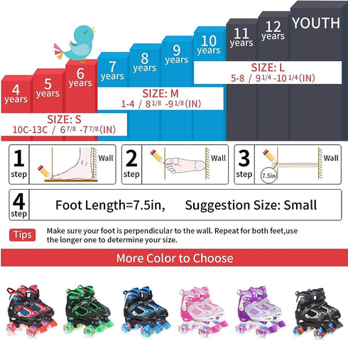 4 Nattork Kids Roller Skates for Boys Girls Kids, Sizes Adjustable Quad Skates with All Light up Wheels - Birthday Gift