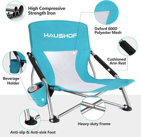 HAUSHOF Low Beach Chair, Mesh Back Folding Chair, Lightweight Low Seat Camping Chairs with Cup Holder, Carry Bag