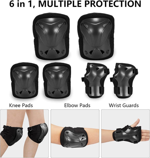SKT HP Protective Gear Set for Adults: Knee Pads, Elbow Pads & Wrist Guards for Inline Skating, Biking, Skateboarding