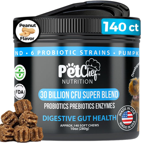Pet Chef Probiotics Prebiotics Chew Treats for Dogs - Digestive Gut & Bowel Health Blend for Puppies and Old Dogs,