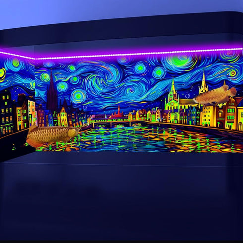 Blacklight Vincent Van Gogh Aquarium Background Art, 72x24in UV Fish Tank Background with 10 EVA Double-Sided Tape